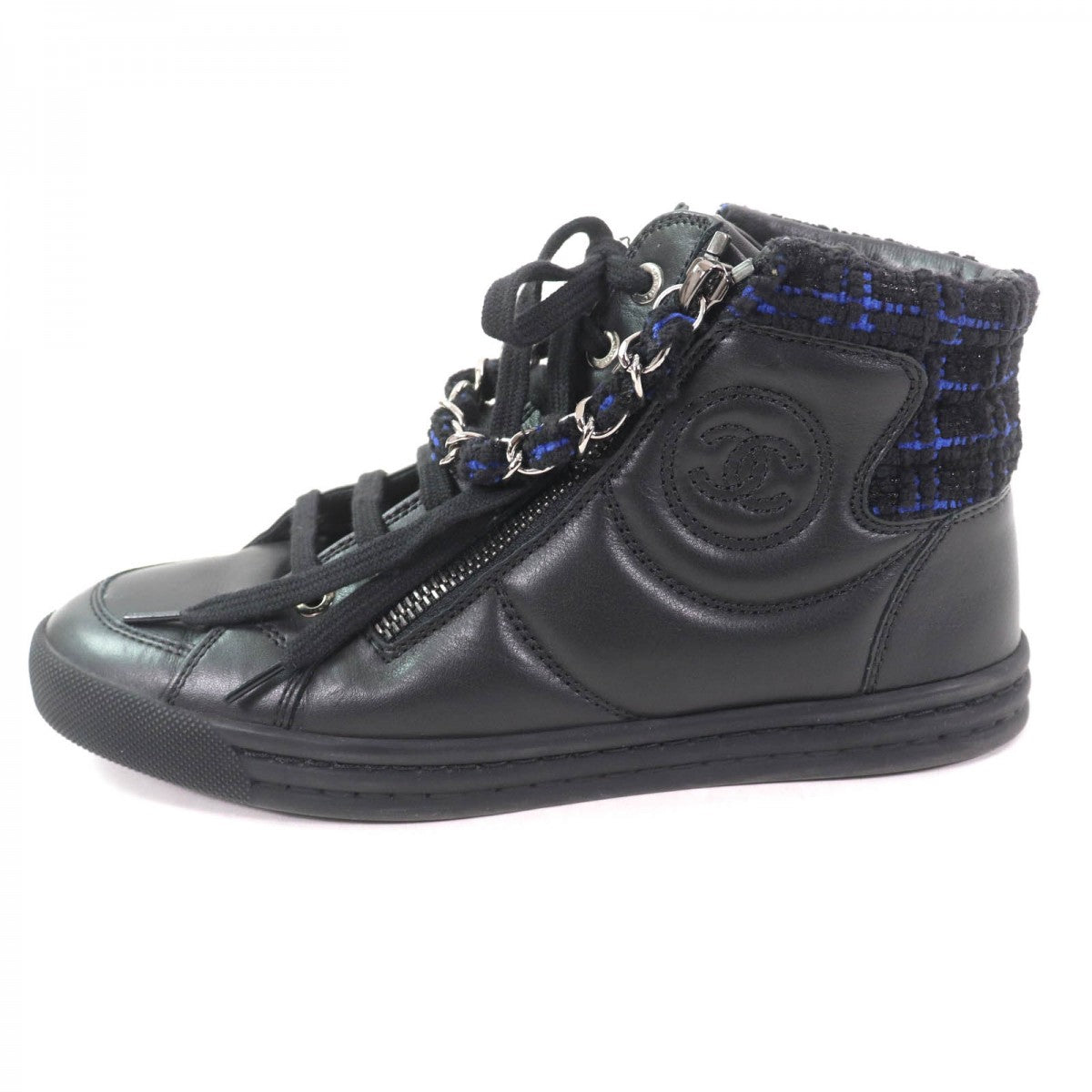 CHANEL High cut sneakers G31316 leather Black blue 35