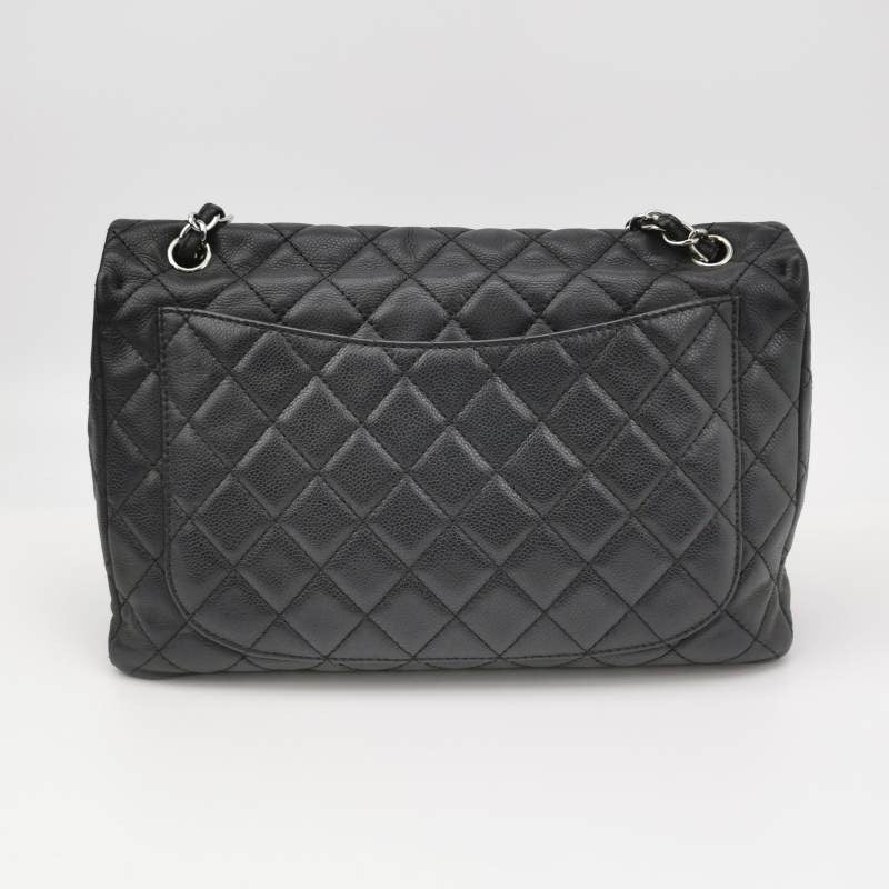 Chanel Classic Flap Maxi Black Soft Caviar Leather Silver-tone Hardware Giant CC Logo