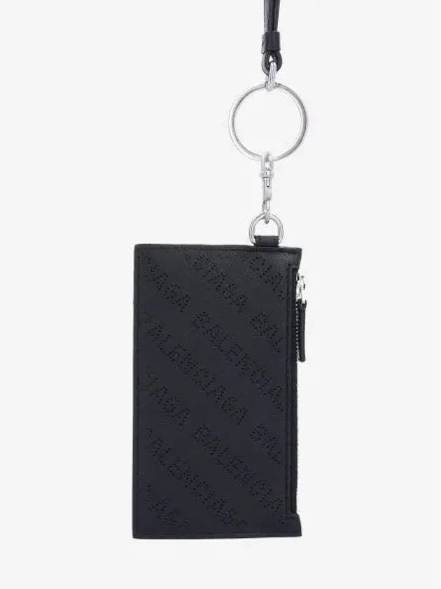 Luxury Balenciaga Trending 2025 Logo Perforated Neck Strap Card Wallet Black