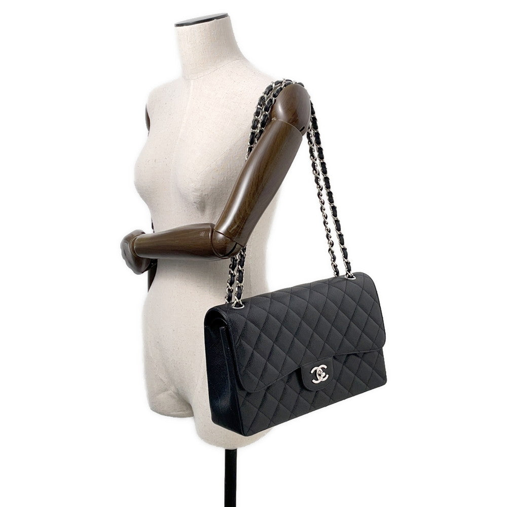 CHANEL Jumbo Matelasse Double Flap Shoulder Bag BlackA58600 Caviar Leather Size 30