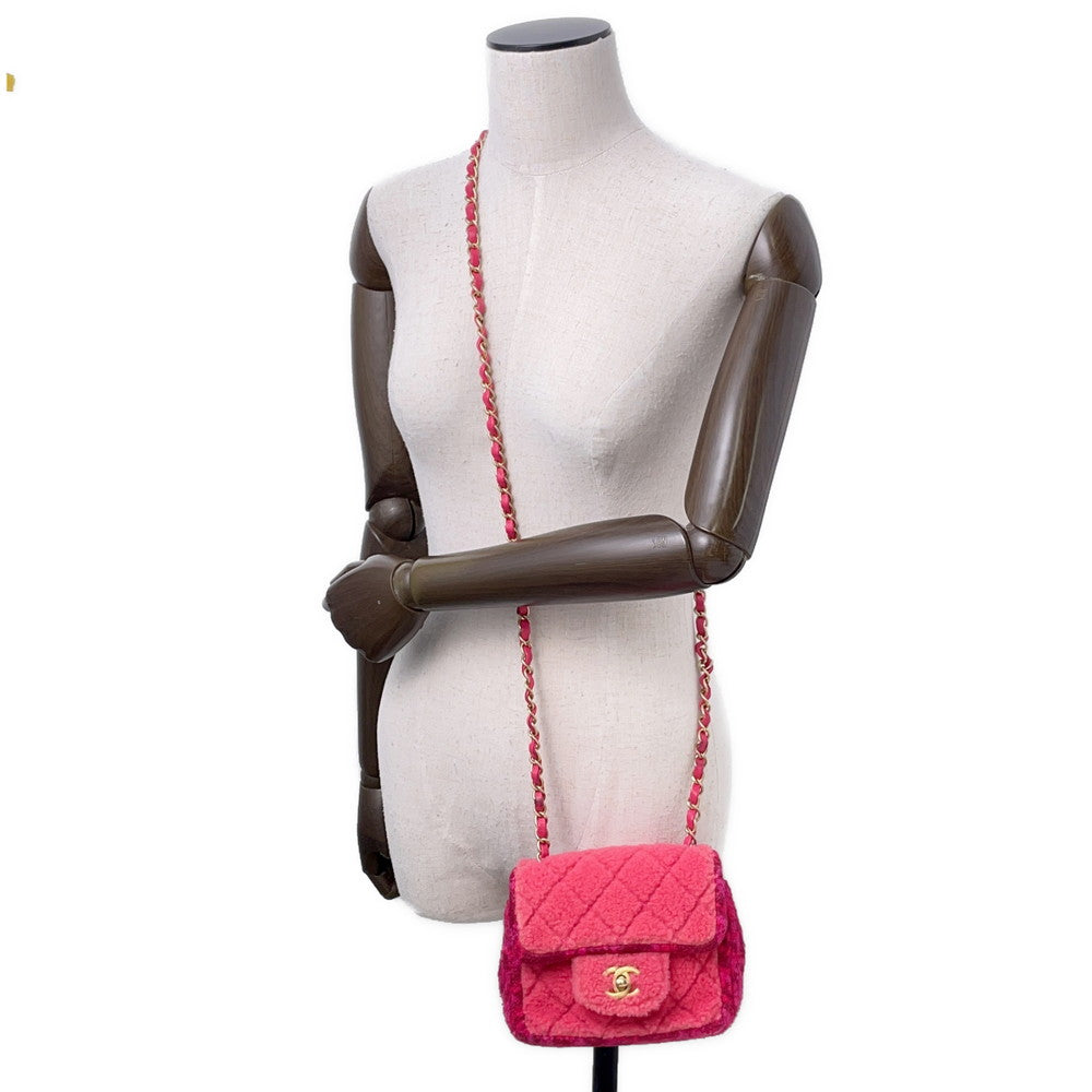 CHANEL Mini Matelasse ChainShoulder Red/Pink Tweed Boa Size Mini