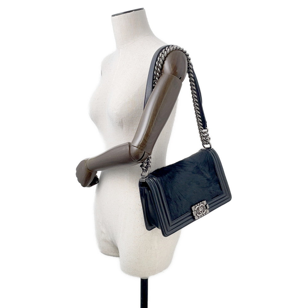 CHANEL Boy Chanel ChainShoulder Bag Black Leather Fur Size 25