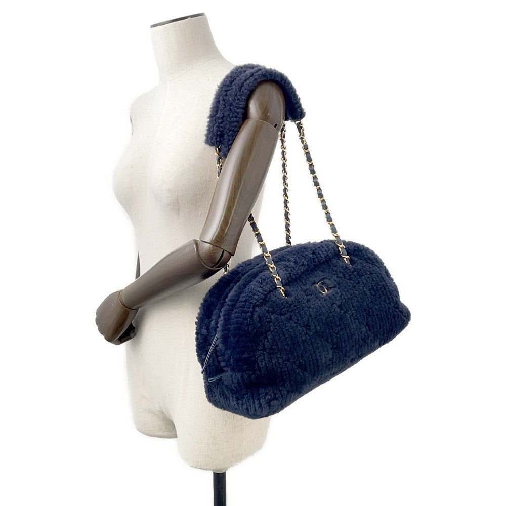CHANEL Coco Neige Bowling Bag NavyAS5059 Shearling Lambskin Size Large