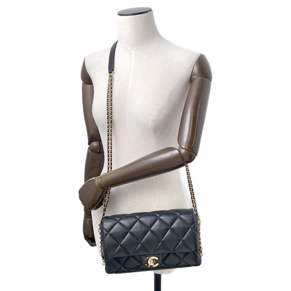 CHANEL Matelasse ChainShoulder Bag Black Lambskin Faux Pearl
