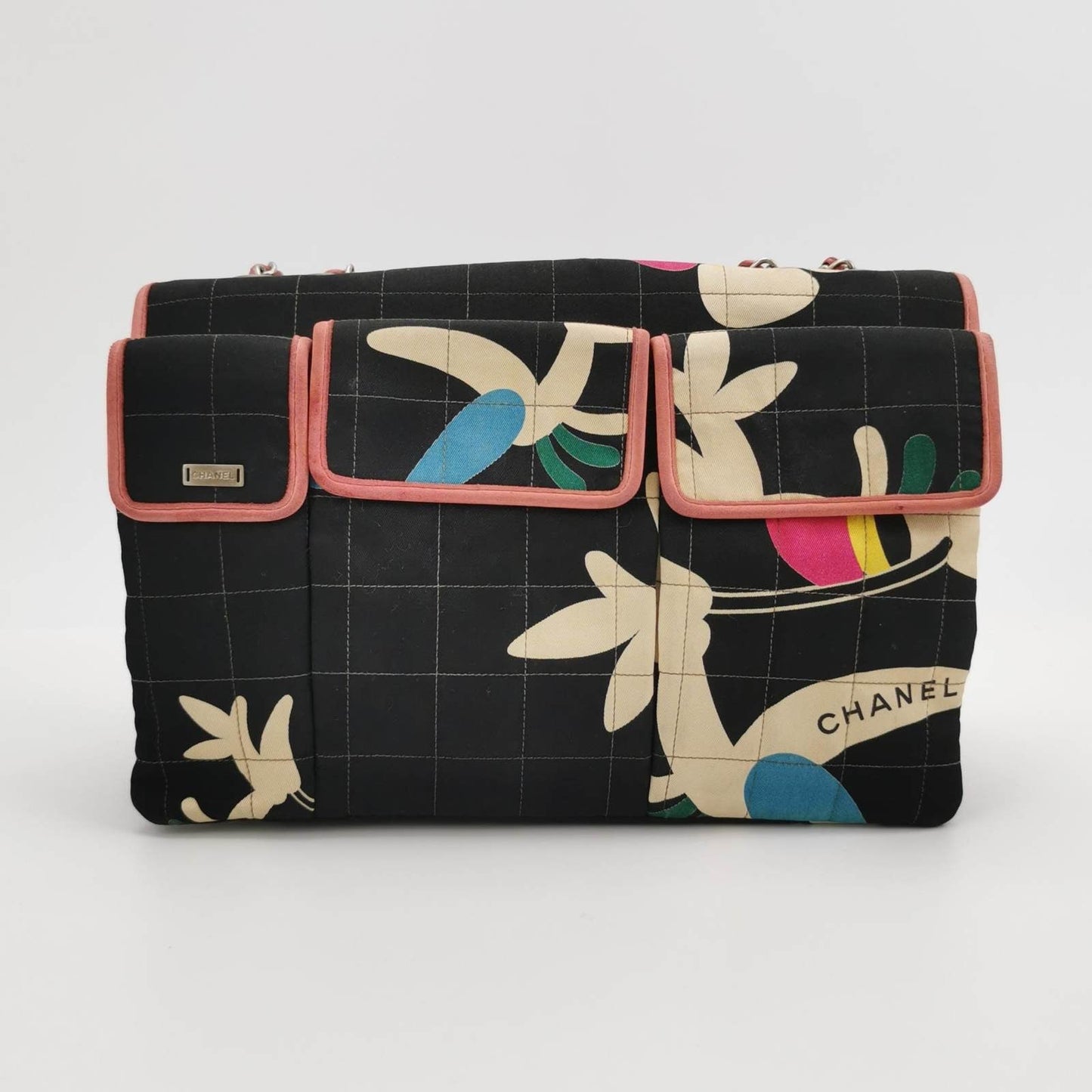 Chanel 2.55 Flap Bag Vintage Chocolate Bar Multipocket 2000 Large Black Fabric with Bird Print