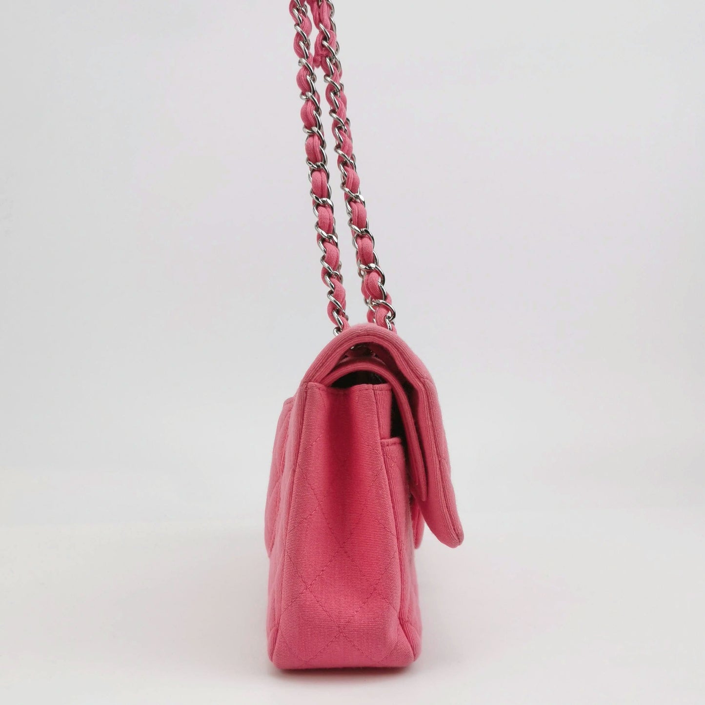 Chanel Classic Flap Medium Double Flap Pink Cotton Fabric Silver Hardware