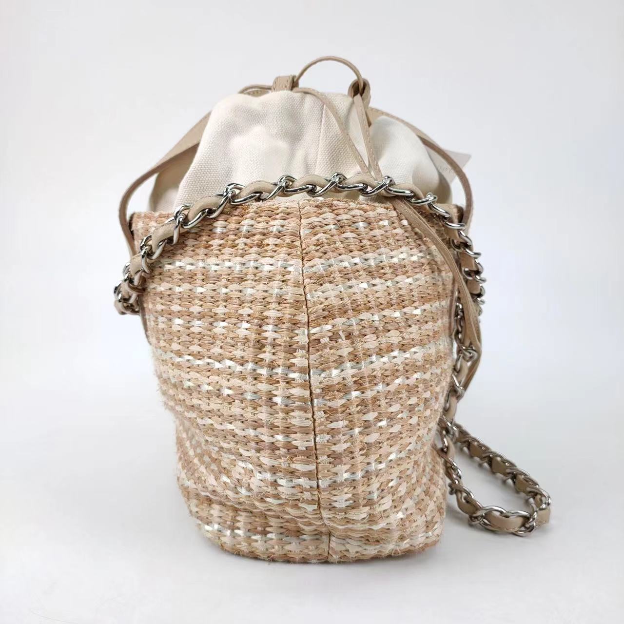 Chanel Deauville Chain Shoulder Bag Beige Raffia and Tweed
