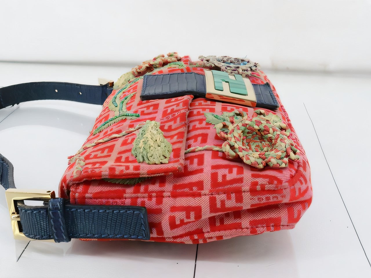 Fendi Baguette Pink Zucchino with Knit Flower Embroidery