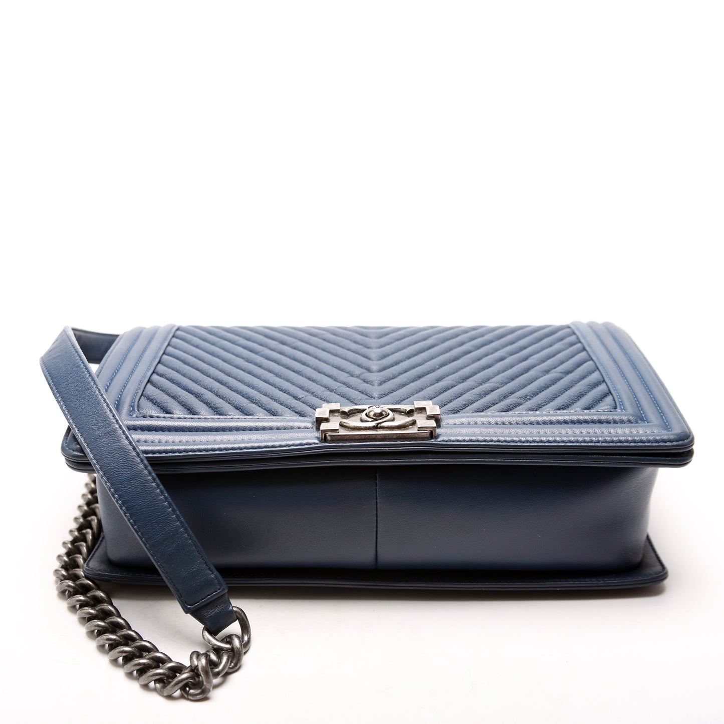 Chanel Boy Flap Medium Crinkle Chevron 20M Blue Bag