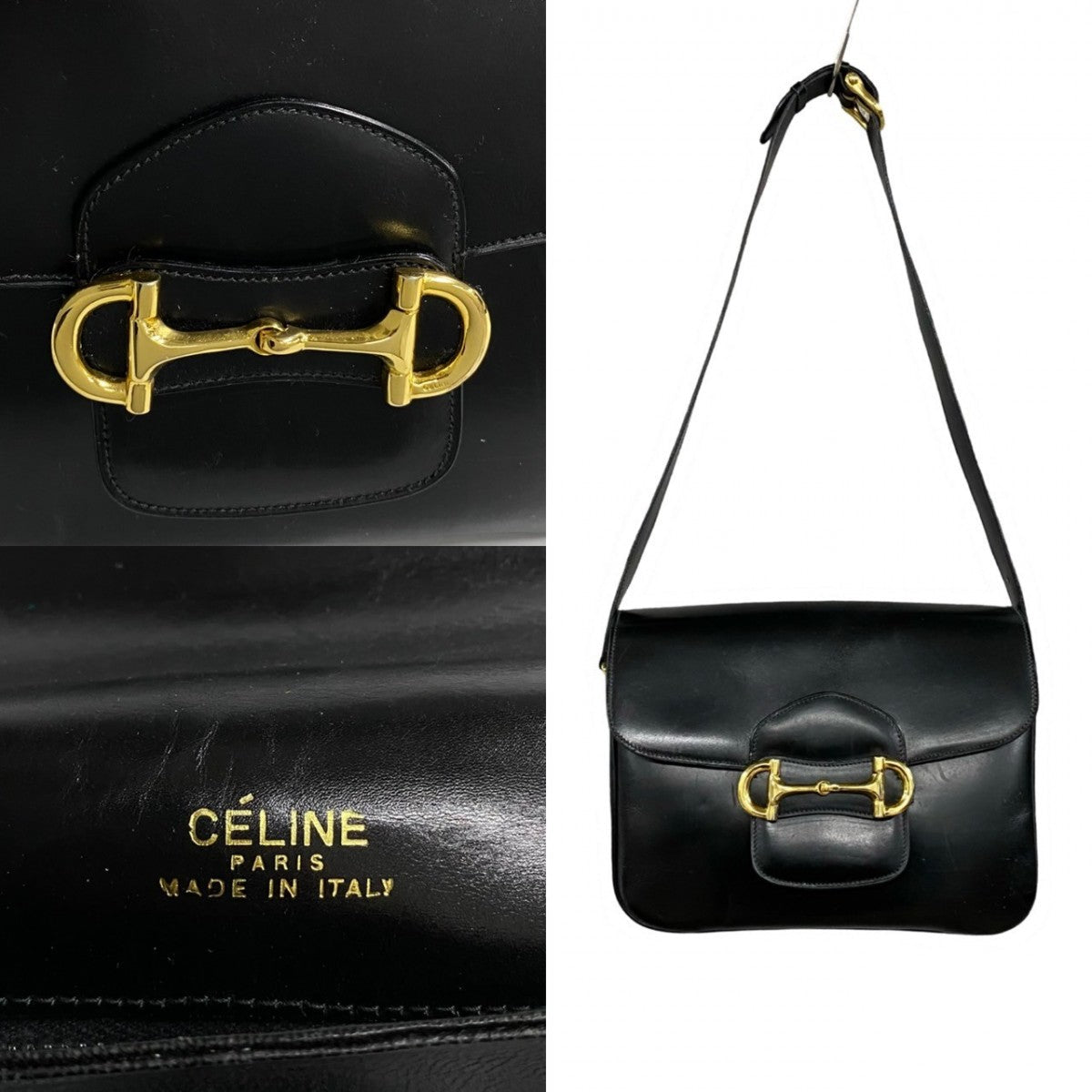 CELINE Shoulder Bag leather black Horsebit Metal Women