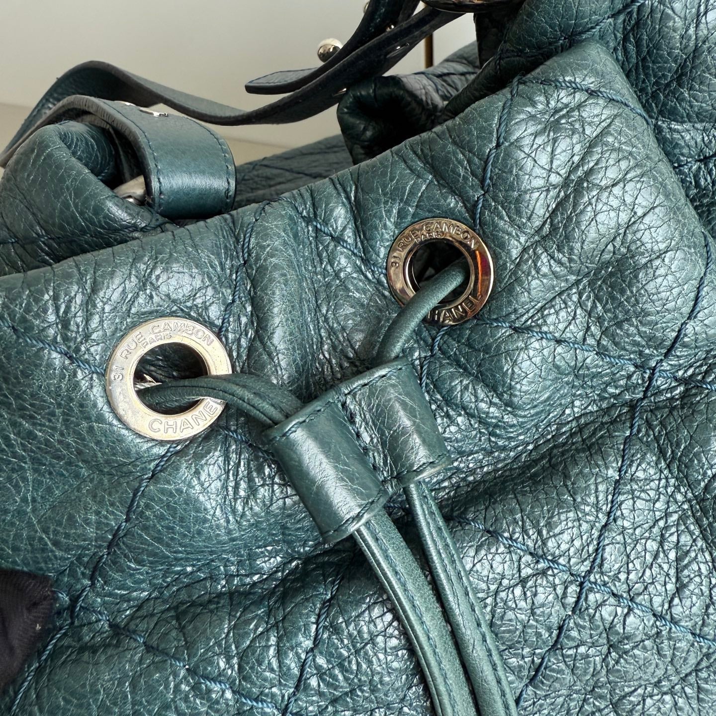 Chanel Bucket Bag Medium Dark Green Calfskin Leather Silver Hardware