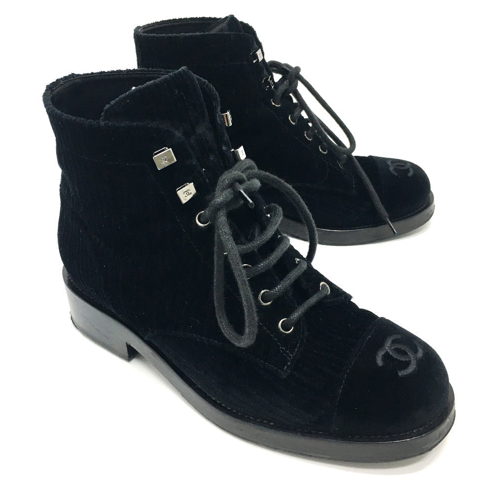 CHANEL boots G34954 velvet black CC COCO Mark Lace up Women 37.5