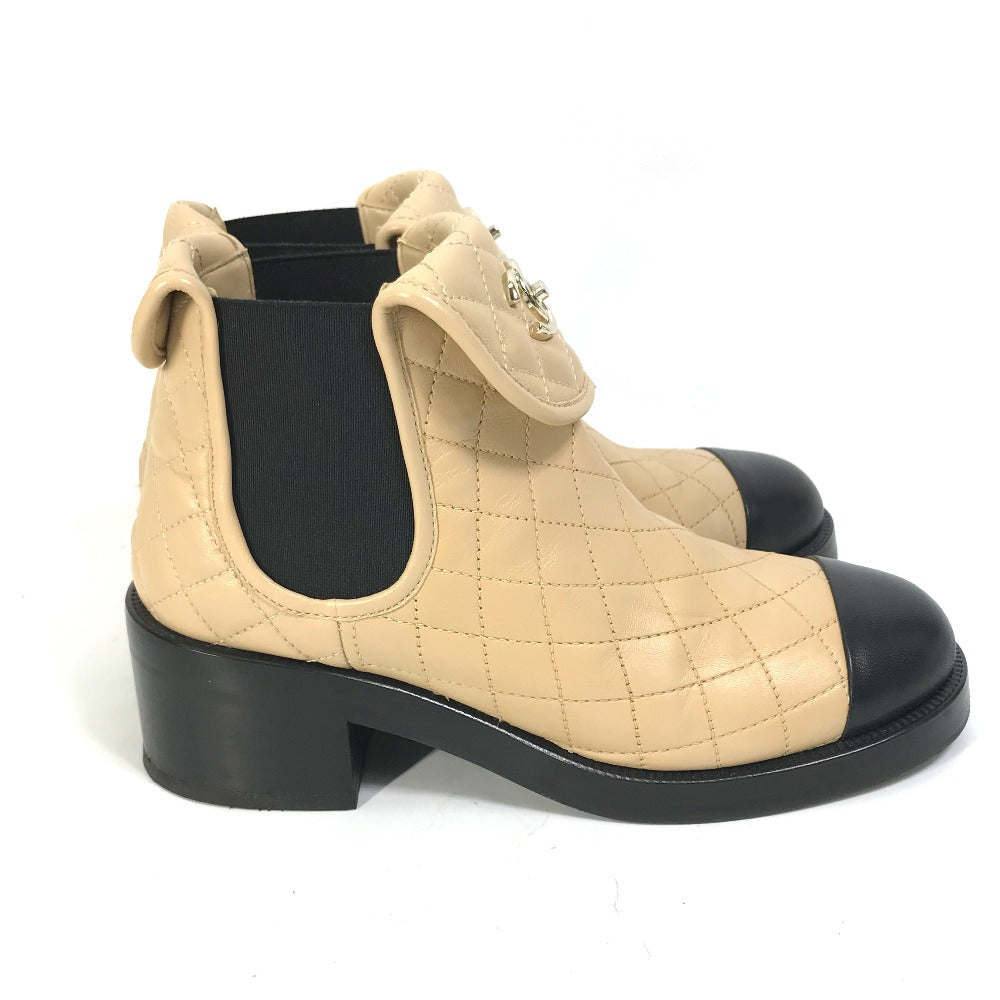 CHANEL boots G45144 lambskin beige 23B Bicolor Shoes Turnlock Matelasse Quilted Side Gore Women 38