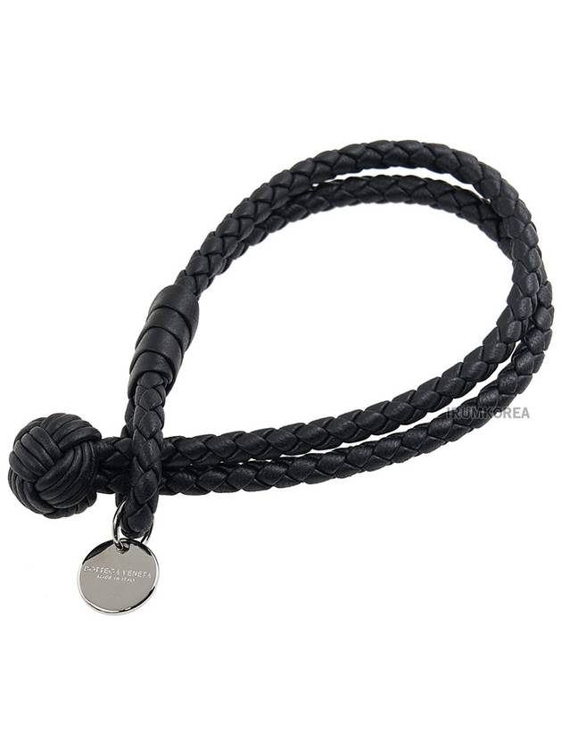 Luxury Bottega Veneta Intrecciato Double Leather Bracelet Black