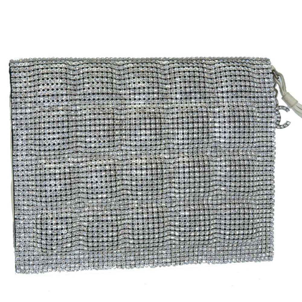 CHANEL Clutch bag Swarovski, Leather Silver rhinestone clutch bag Women