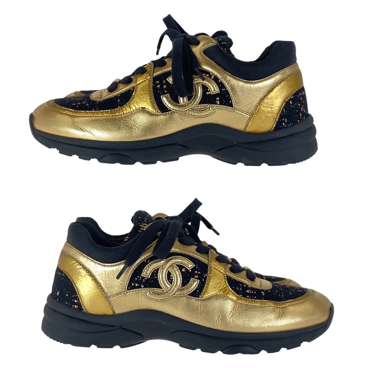 CHANEL sneakers Leather, Tweed Gold black Sneakers low cut COCO Mark Women 37.5