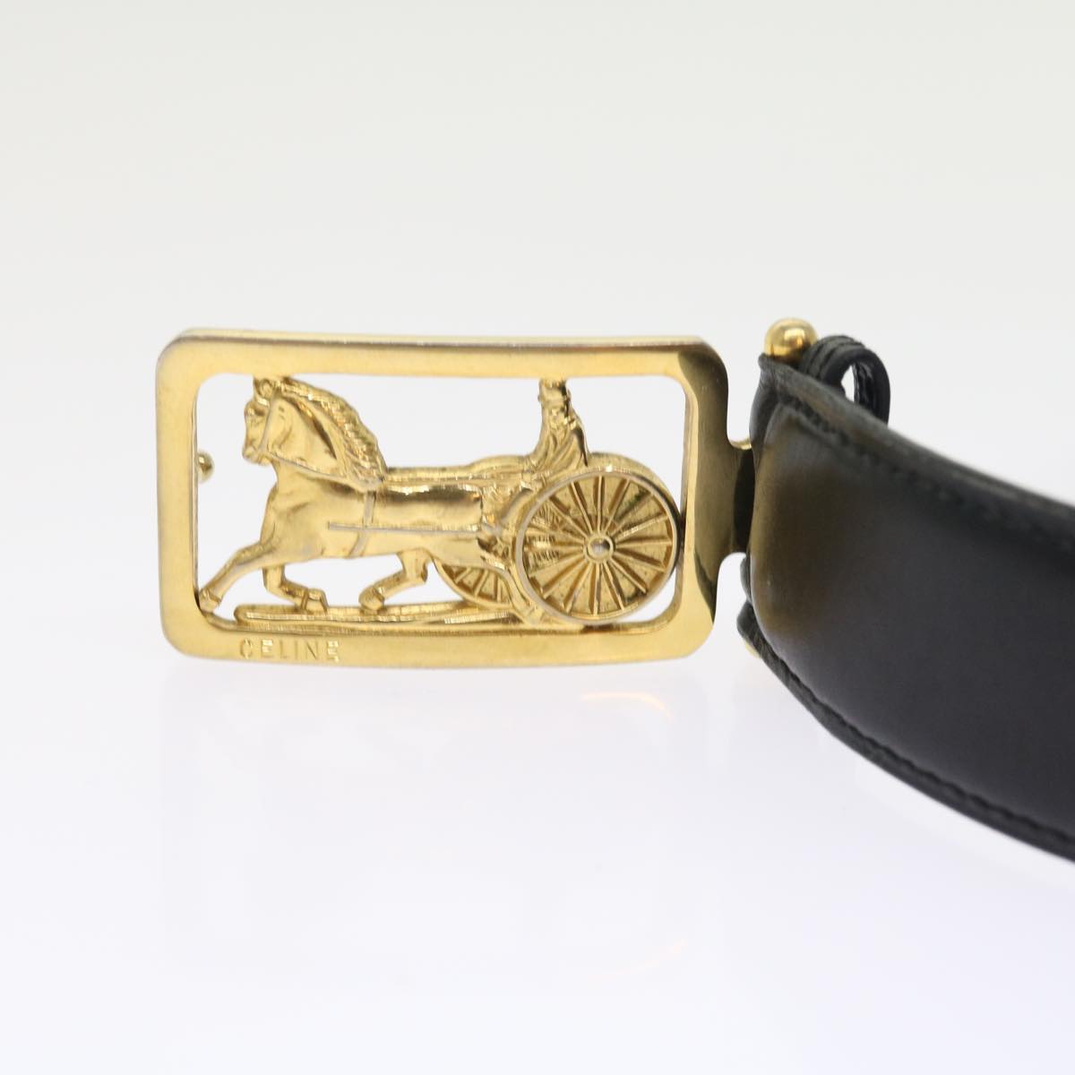 Luxury CELINE Horse Carriage Belt Leather 35.4""-37.8"" Black Gold 54945