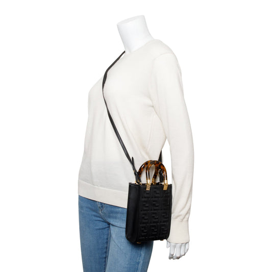 Fendi Black FF Embossed Leather Mini Sunshine Shopper Tote