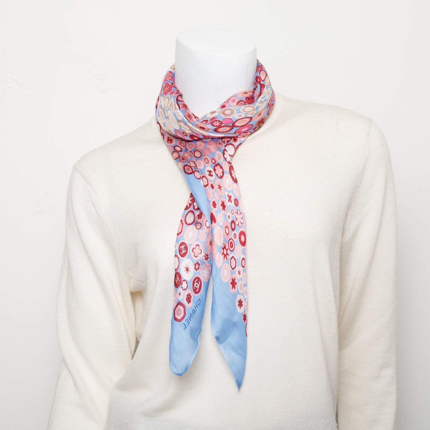 Chanel Blue Multicolor Logo Print Silk Square Scarf