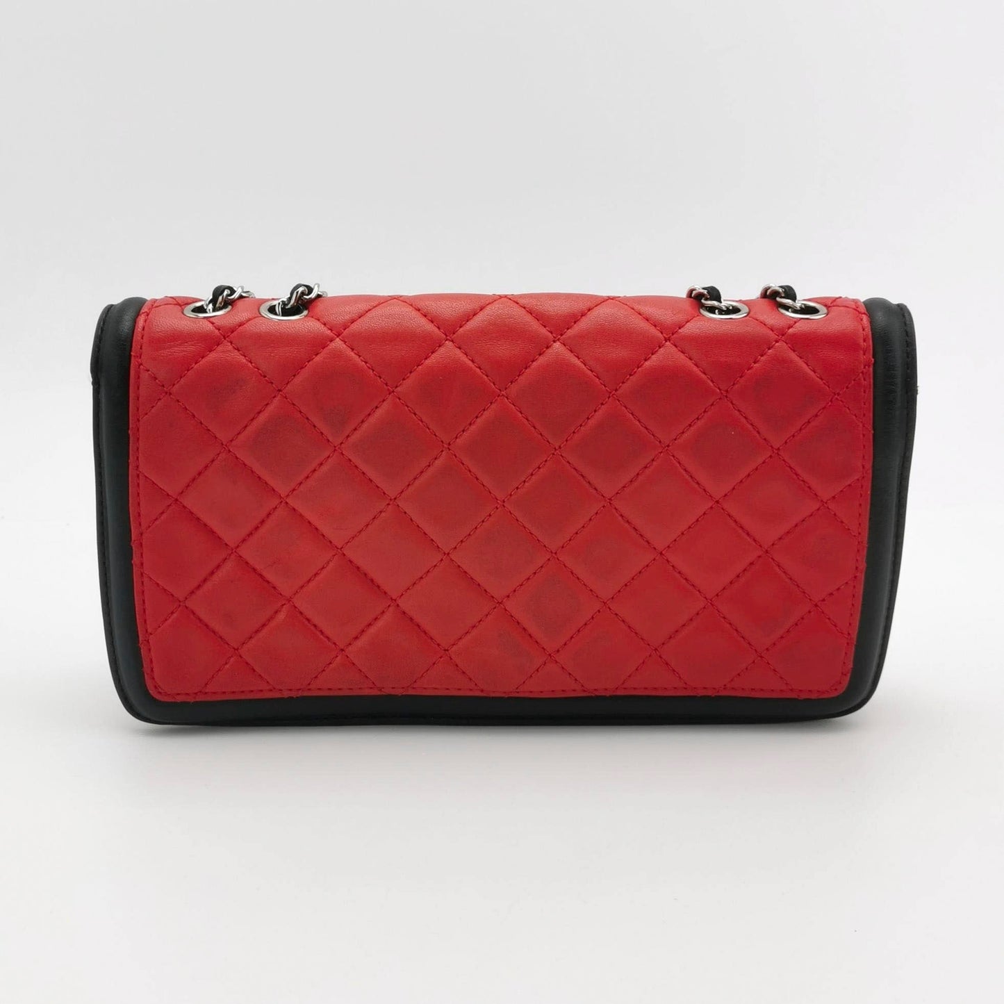 Chanel Baguette Flap Shoulder Bag Lambskin Red and Black Silver Double Chain