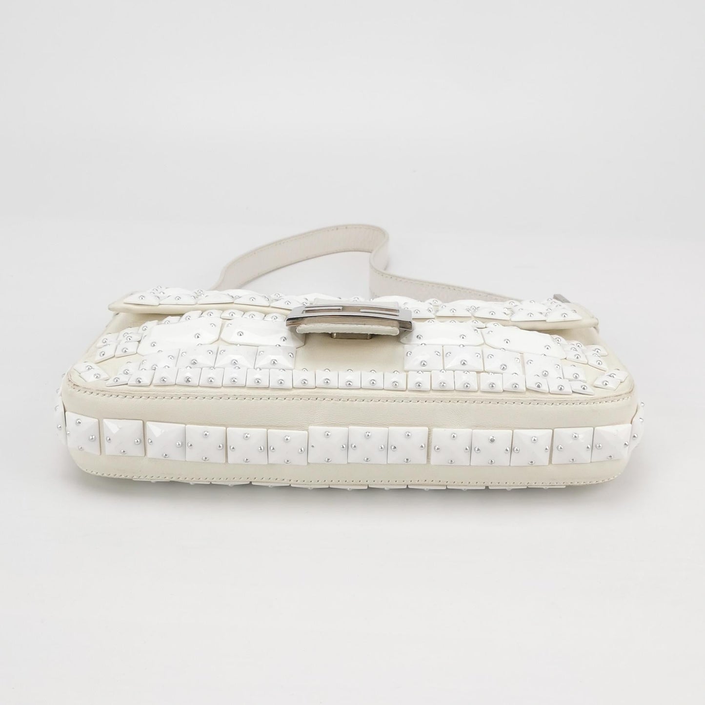 FENDI Baguette 1997 White Leather and Stones Zucca Interior Shoulder Bag