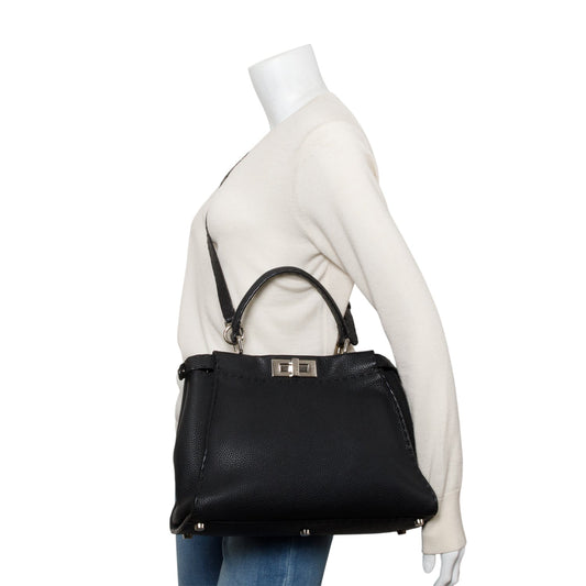 Fendi Black Leather Romano Selleria Medium Peekaboo Bag