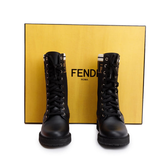 Fendi Black Leather FF Stretch Fabric Rockoko Biker Boots, Size 38