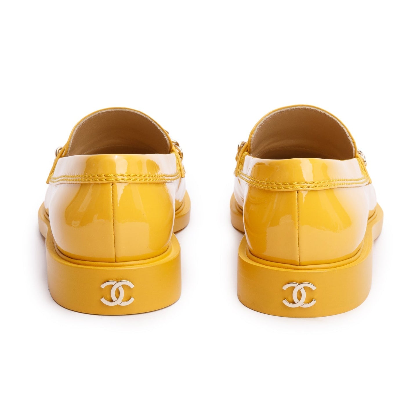 Chanel Yellow Patent Leather Chain Logo Loafer, Size 39