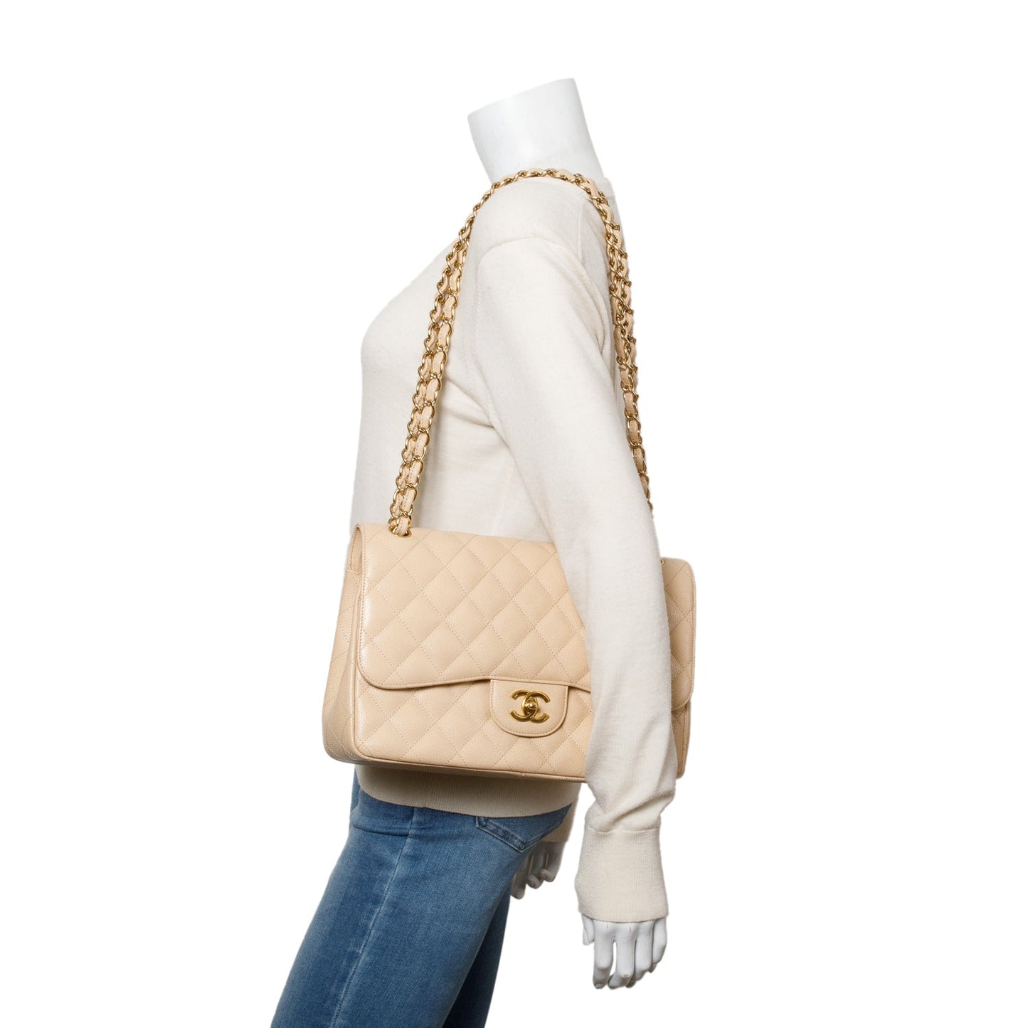 Chanel Beige Quilted Caviar Leather Classic Jumbo Double Flap Bag
