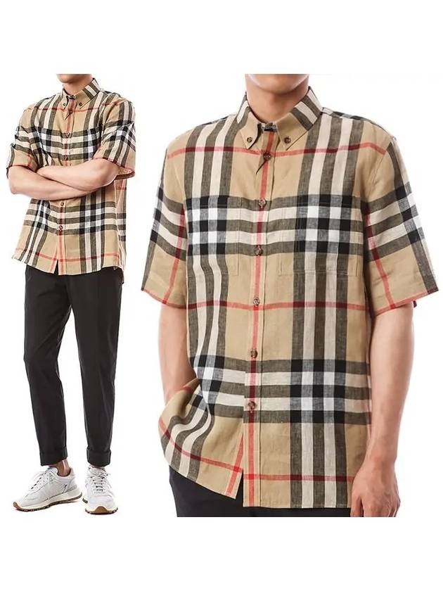Luxury Burberry Linen Tartan Check Short Sleeve Shirt Brown