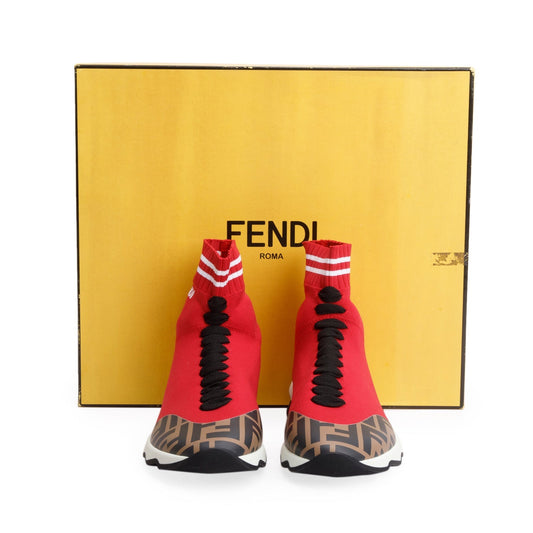 Fendi Red Stretch Knit FF Zucca Calfskin Mania Sock Sneakers, Size 38