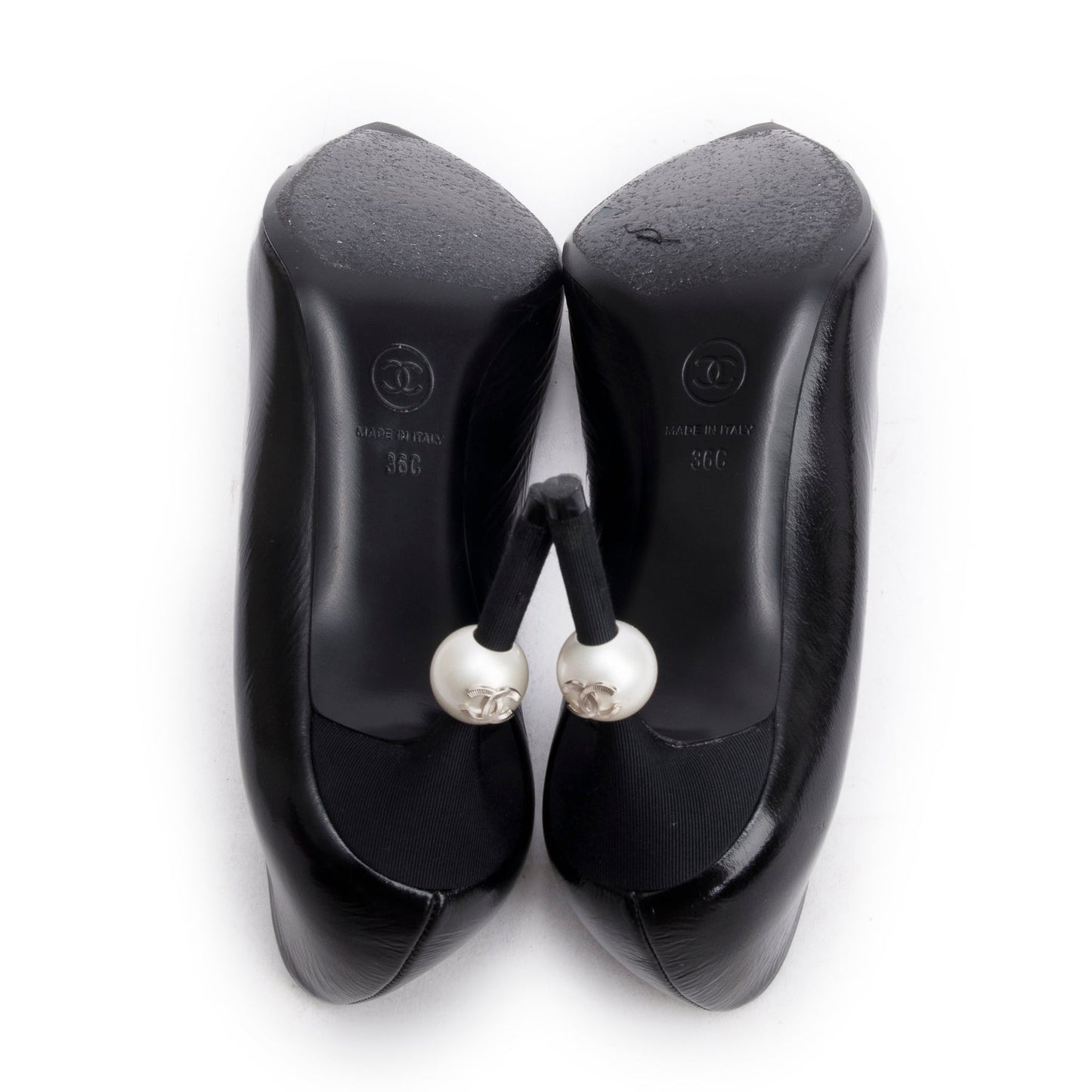 Chanel Black Goatskin Grosgrain Cap Toe Faux Pearl CC Pumps, Size 36