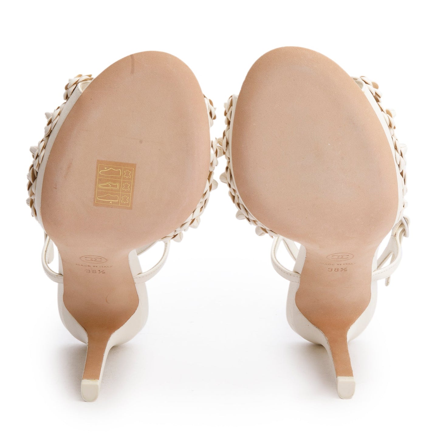Chanel White Leather CC Camellia Slingback Sandals, Size 38.5