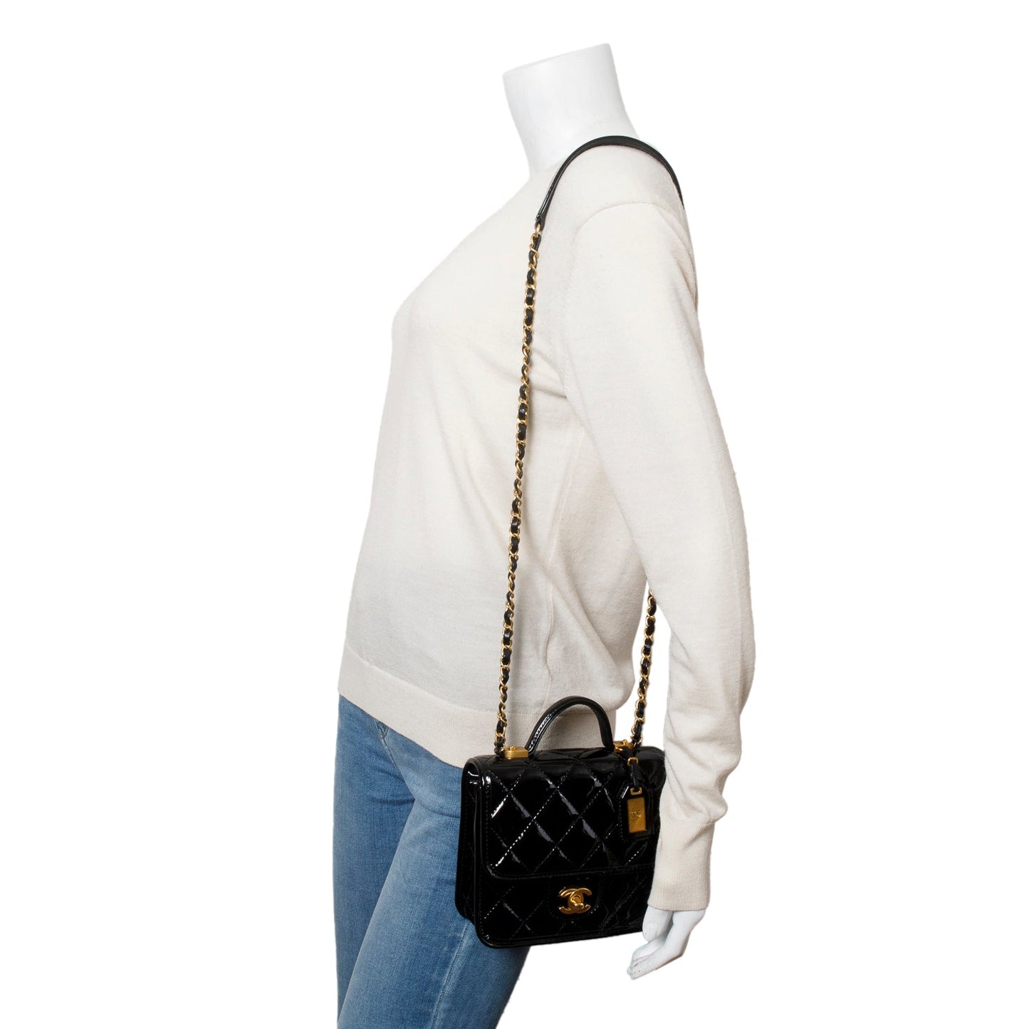 Chanel Black Patent Leather Quilted Mini School Memory Top Handle Bag