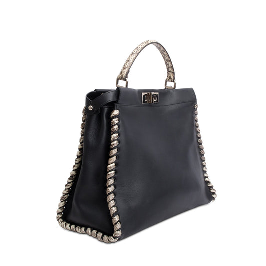 Fendi Black Nappa Leather Python Lace Up Large Peekaboo
