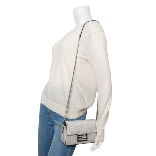 Fendi 2024 Silver FF Suede Crystal Mini Be Baguette Chain Crossbody