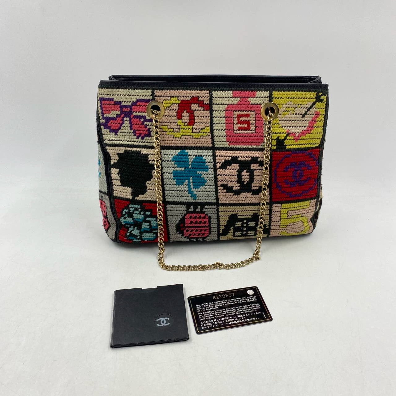Rare Chanel Precious Symbols Needlepoint Shoulder Bag Shopper Tote