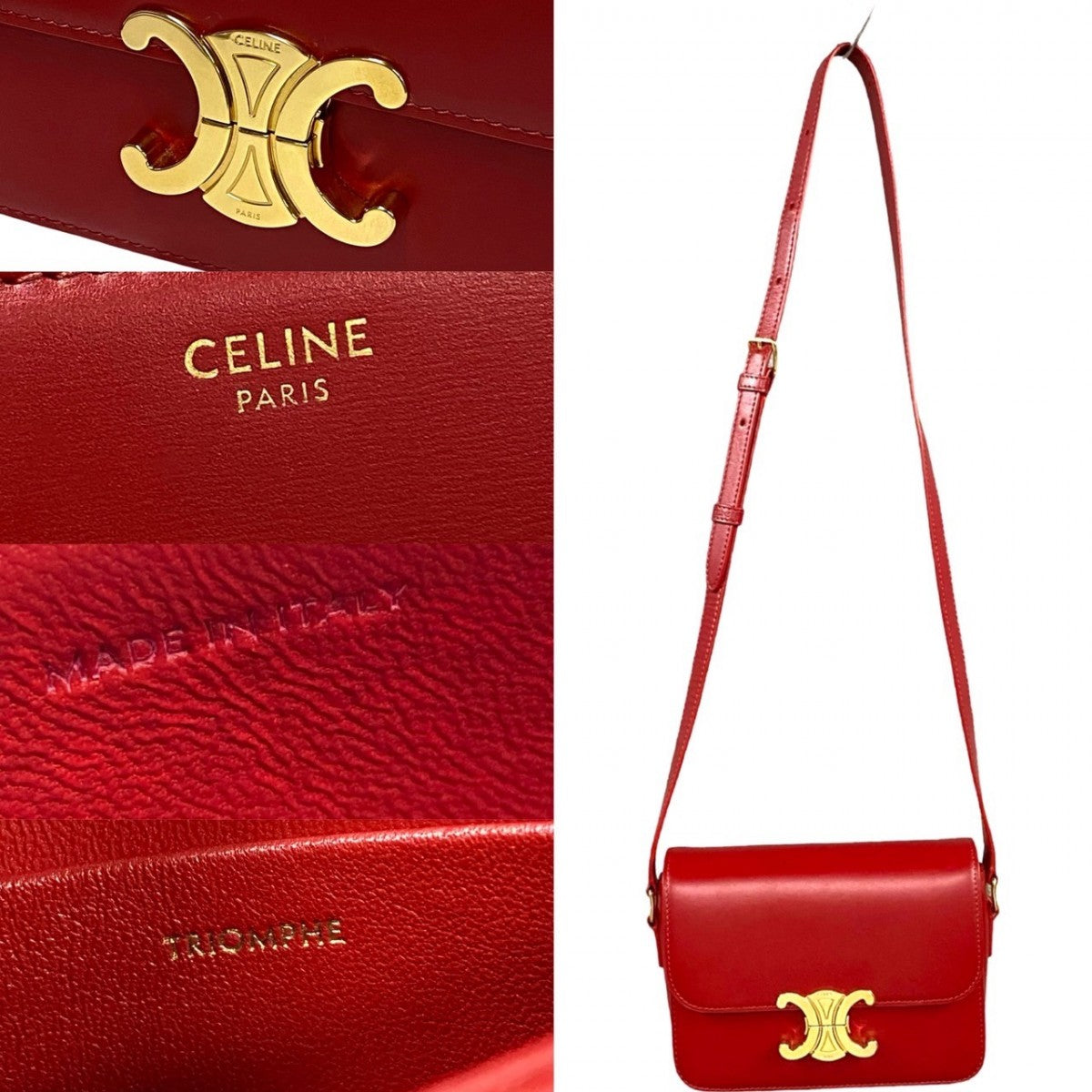CELINE Shoulder Bag leather Red Triomphe logo Metal Women