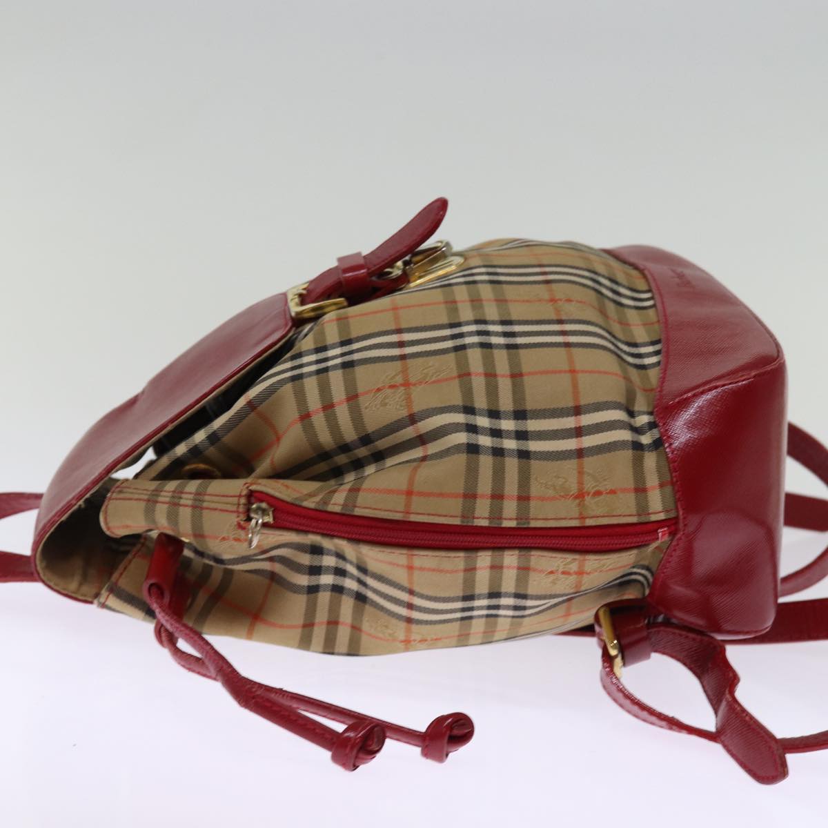 Luxury BurberrySs Nova Check Backpack Canvas Red Beige Auth 75840