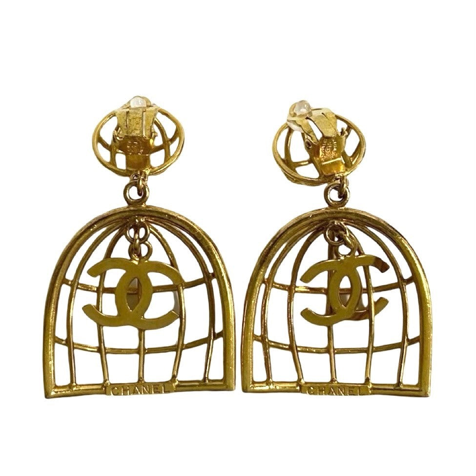 CHANEL Earring Gold Plated gold COCO Mark Birdcage Swing Women