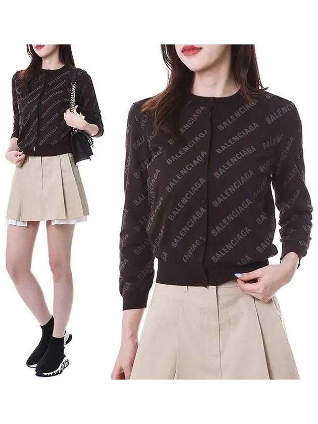 Luxury Balenciaga Trending 2025 All-Over Logo Print Cotton Crop Cardigan Brown