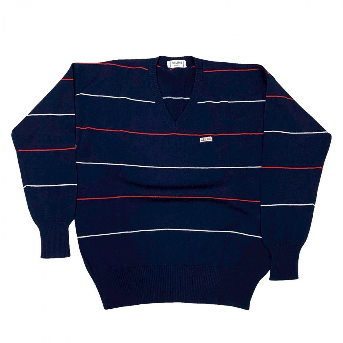 CELINE sweater wool Navy logo V-neck school knit Women 44