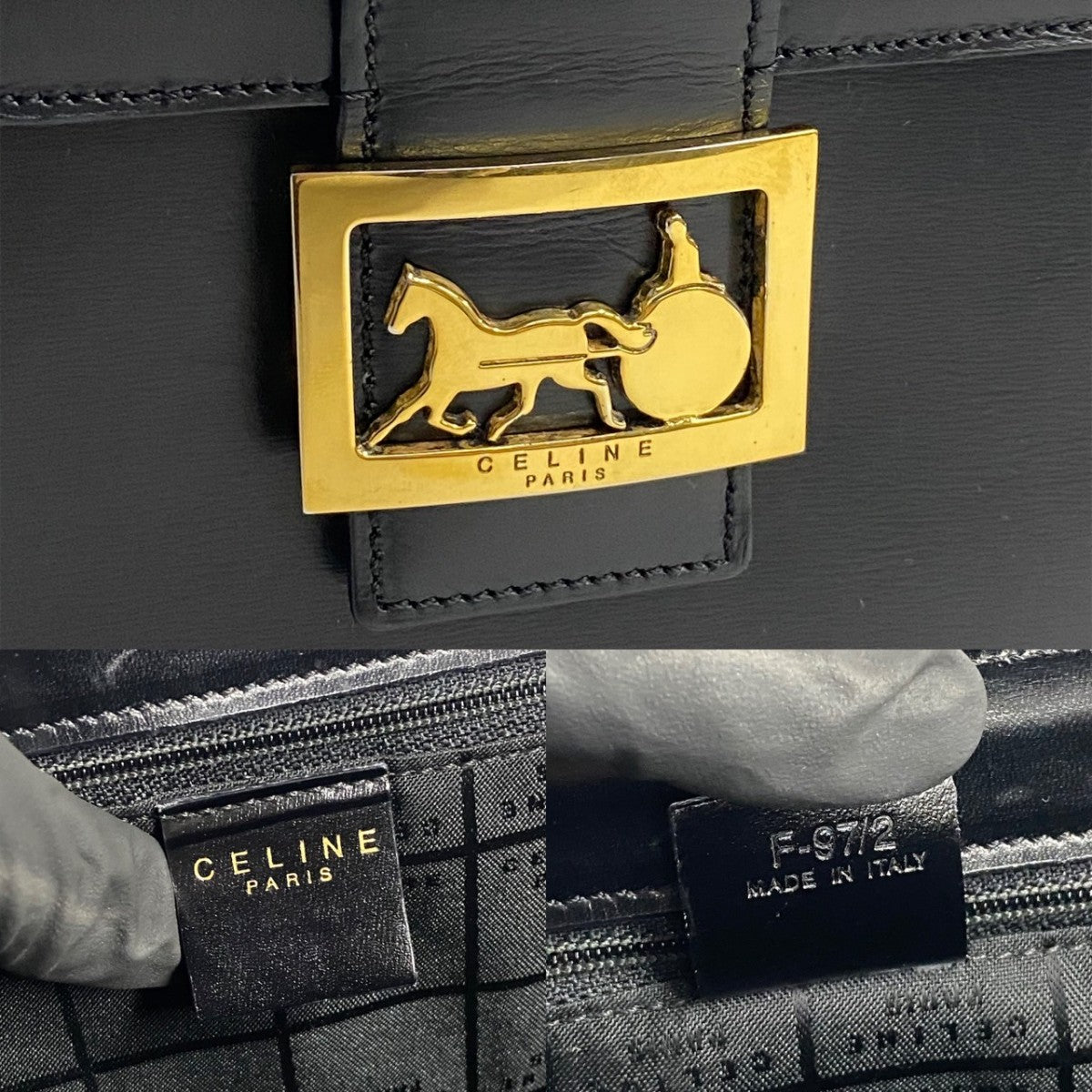 CELINE Handbag leather black logo carriage Metal Women