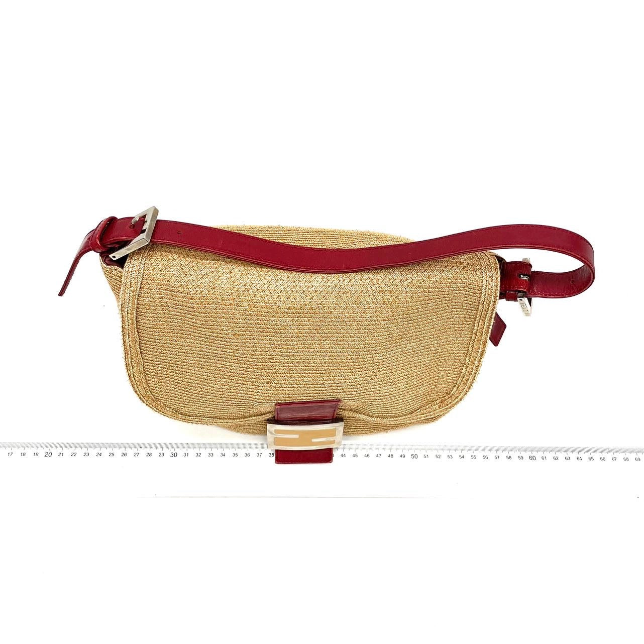 Fendi Mamma Baguette Raffia Straw Shoulder Bag Red Leather Strap