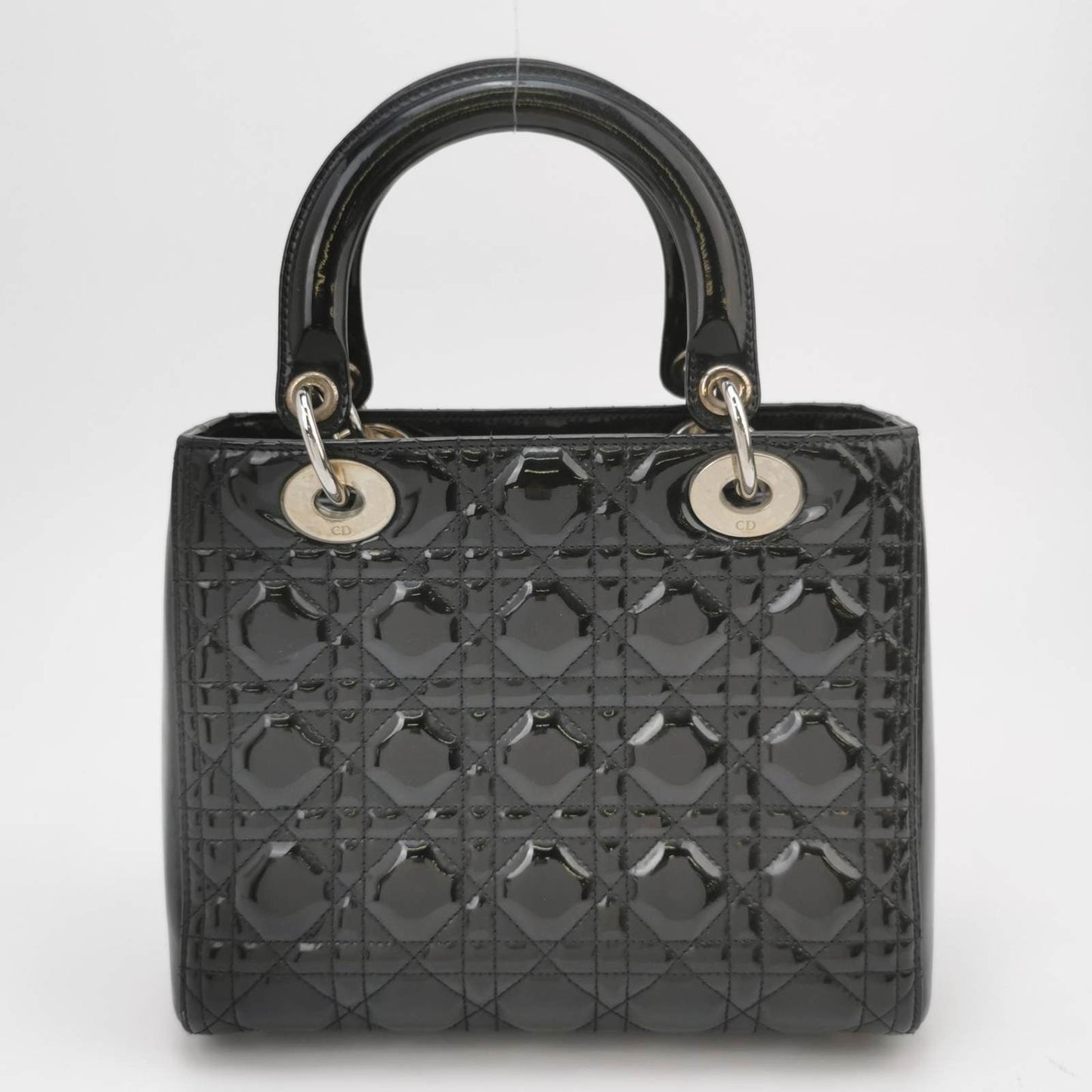 Lady Dior Medium Black Patent Leather Handbag with Silver Hardware