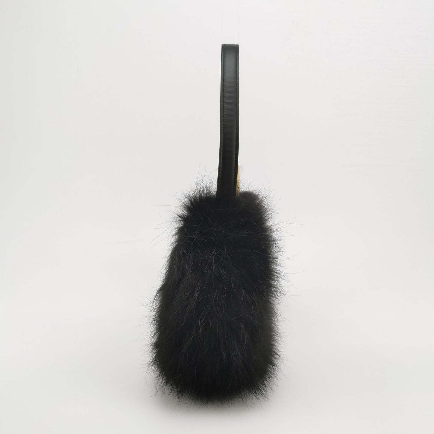 FENDI O Lock Black Leather and Faux Fur Shoulder Bag