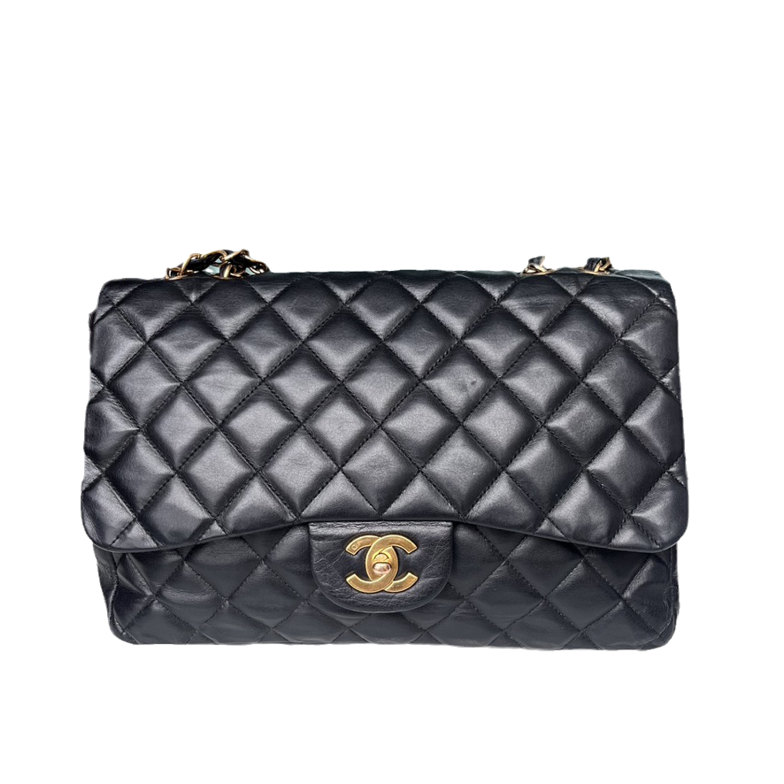Chanel Classic Flap Jumbo Vintage Black Lambskin Leather with 24k Gold Hardware