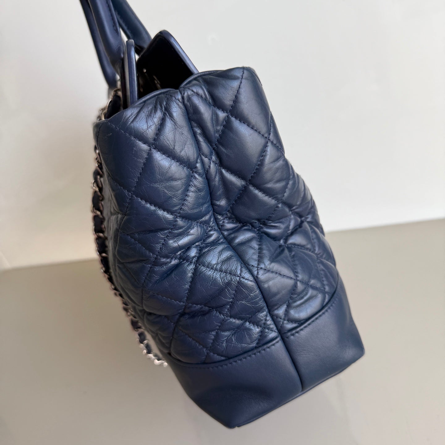 Chanel Tote Quilted Navy Leather Top Handle and Silver Chain Straps