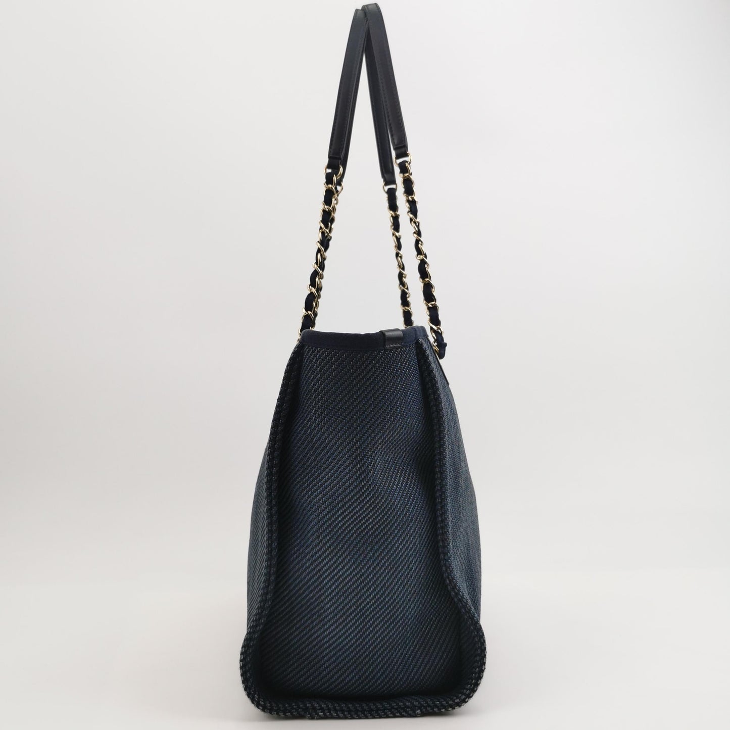 Chanel Deauville Tote Navy Denim Cloth Leather Chain Strap Small 34cm
