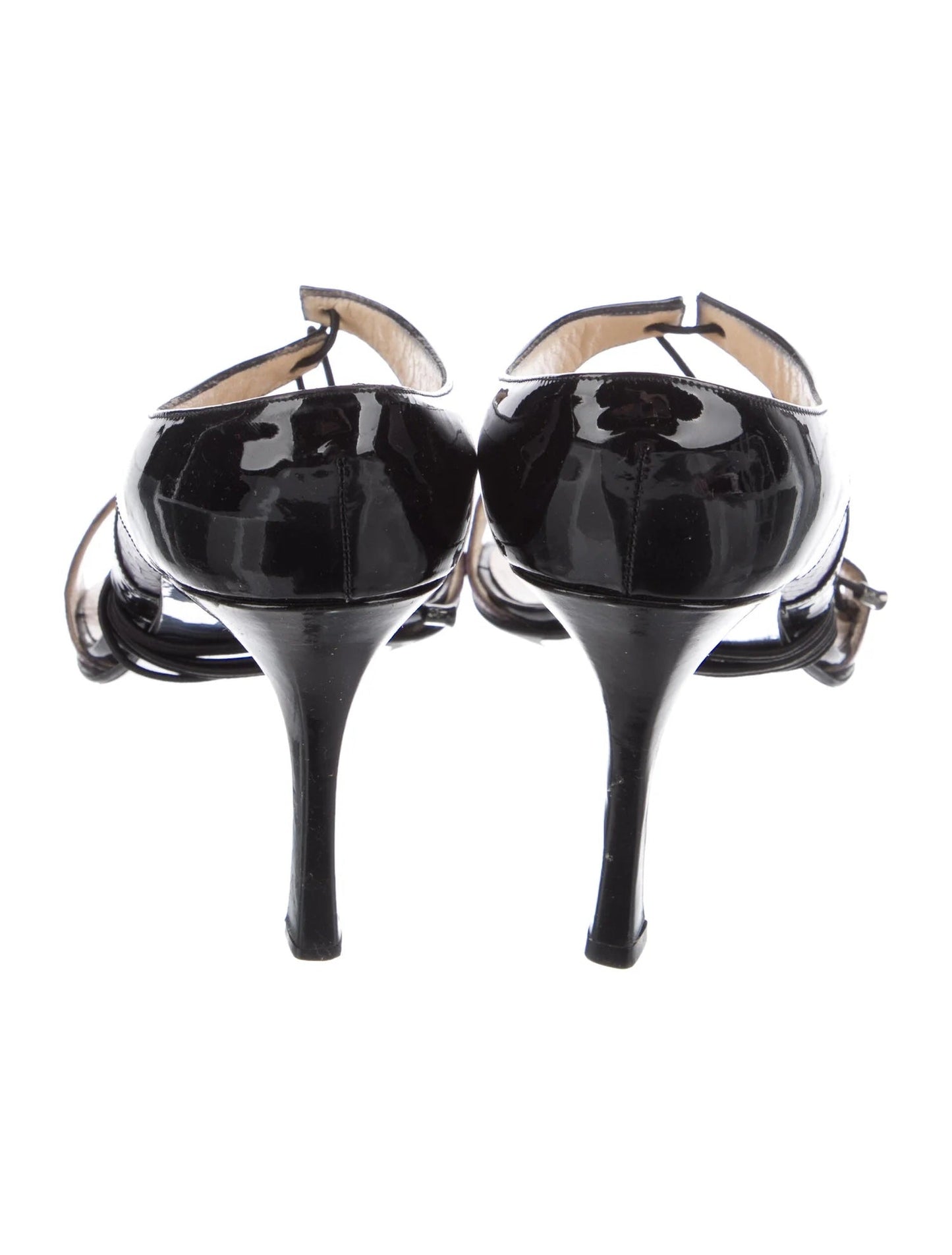 CHANEL VINTAGE SNAKESKIN TRIMMED PATENT HEELED SANDALS